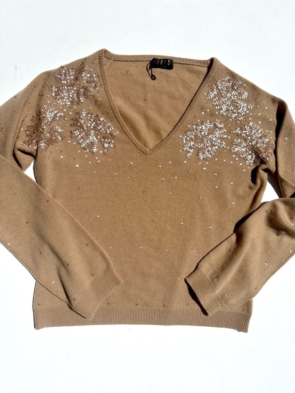 DAKS London 100% Cashmere Sequins Embellished V-Neck Tan Sweater - L